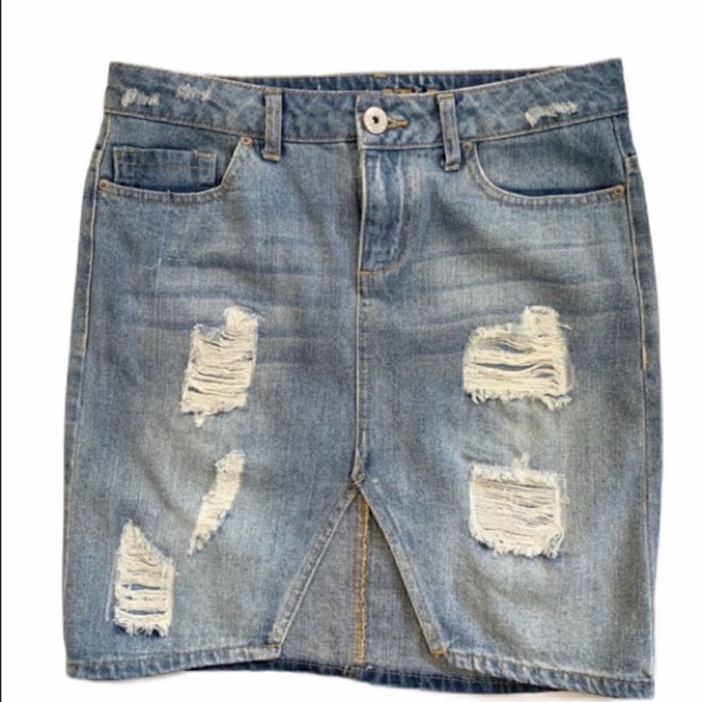 Vanilla Star Denim Distressed Pencil Jean Skirt